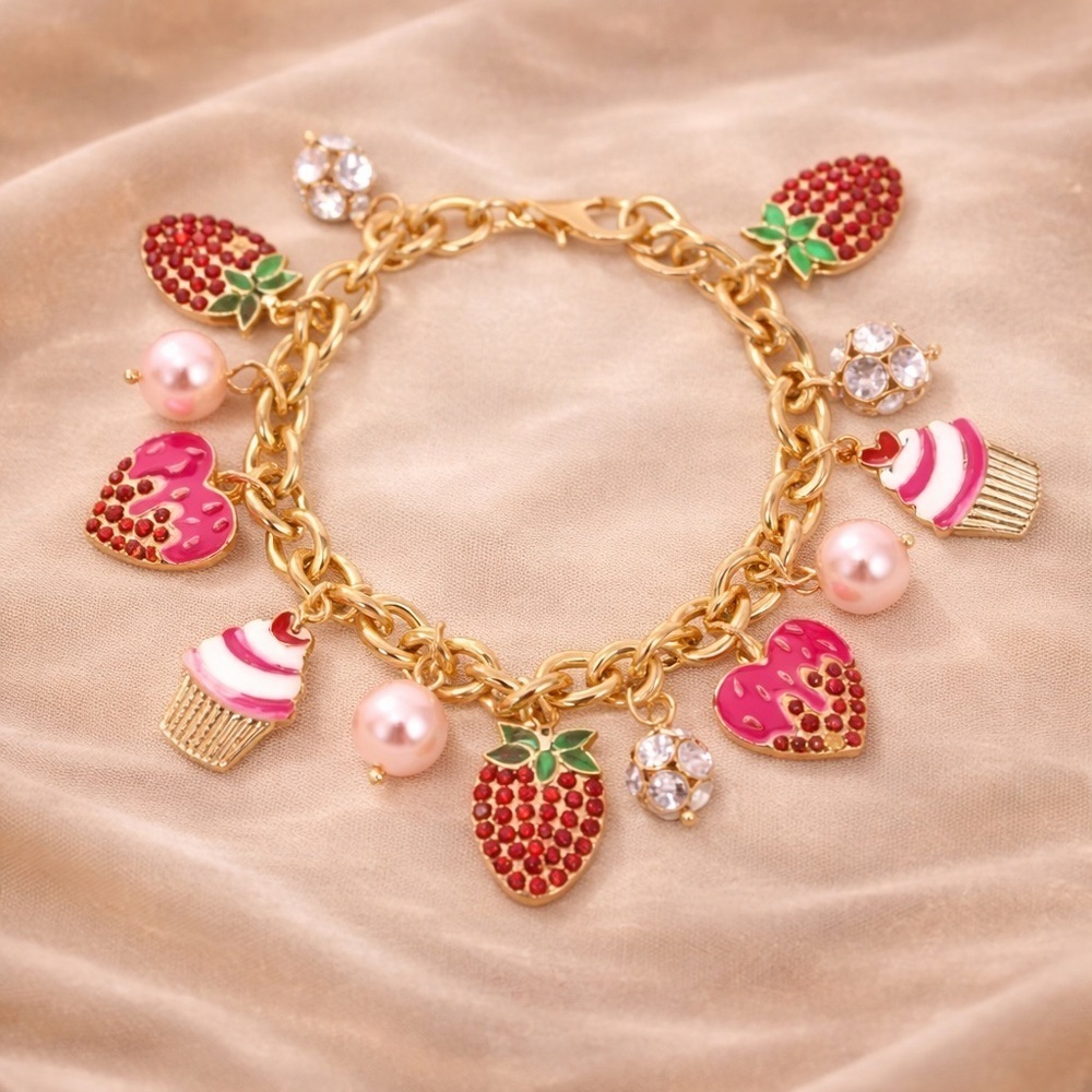 Cupcake Gold Crystal Imitation Pearl Sweets Charm Bracelet